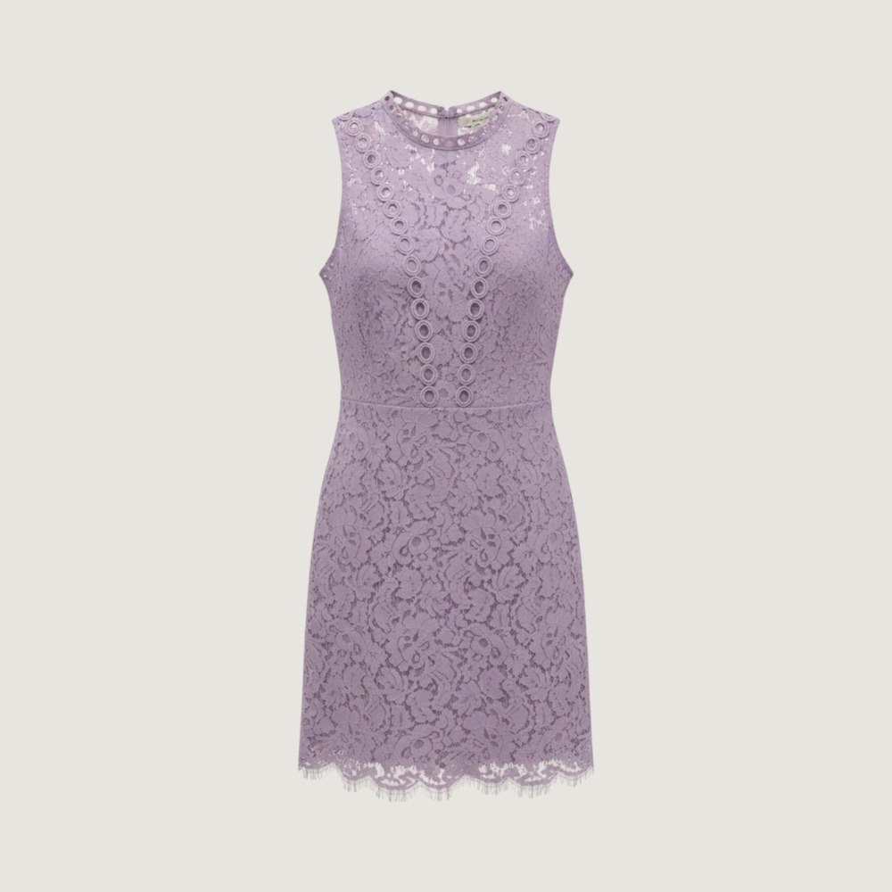 Main Strip Lavender Floral Lace Open Back Mini Dress Purple Eyelet Trim Small